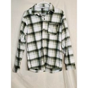 Eddie Bauer Men's Fuzzy Fleece Shirt Green White Plaid Button Down ~ Medium